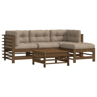 5-delige Loungeset met kussens massief hout honingbruin