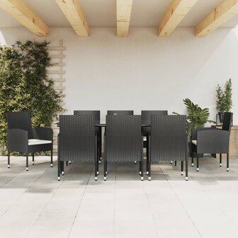 9-delige Tuinset poly rattan en staal zwart