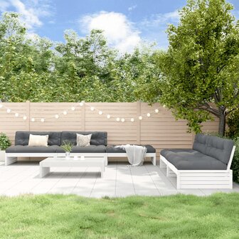 6-delige Loungeset met kussens massief hout wit
