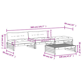 4-delige Loungeset met kussens massief hout wit