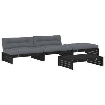 4-delige Loungeset met kussens massief hout zwart