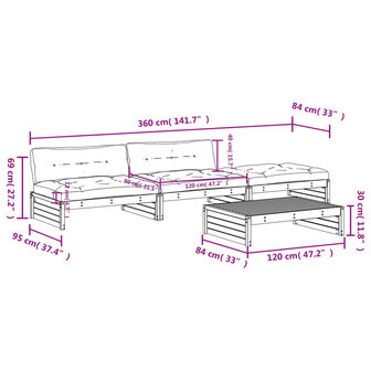 4-delige Loungeset met kussens massief hout zwart
