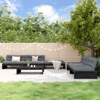 6-delige Loungeset met kussens massief hout zwart