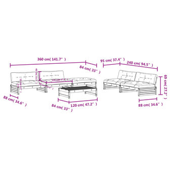 6-delige Loungeset met kussens massief hout wit