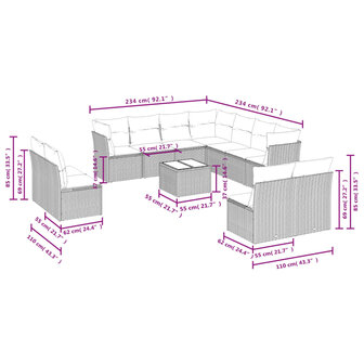 12-delige Loungeset met kussens poly rattan zwart