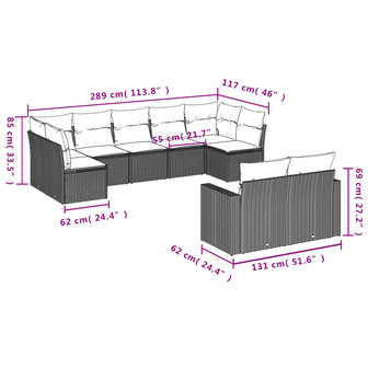9-delige Loungeset met kussens poly rattan beige