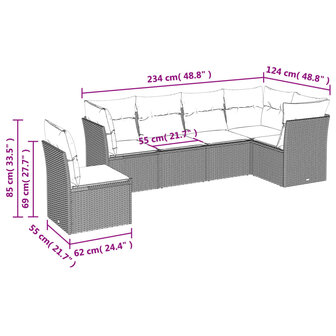 6-delige Loungeset met kussens poly rattan beige
