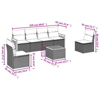 7-delige Loungeset met kussens poly rattan beige