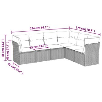 6-delige Loungeset met kussens poly rattan beige