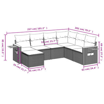 7-delige Loungeset met kussens poly rattan beige