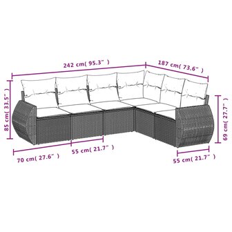 6-delige Loungeset met kussens poly rattan beige