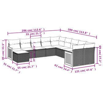 11-delige Loungeset met kussens poly rattan zwart