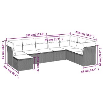8-delige Loungeset met kussens poly rattan zwart