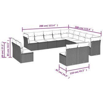 13-delige Loungeset met kussens poly rattan grijs