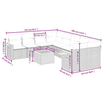 9-delige Loungeset met kussens poly rattan beige
