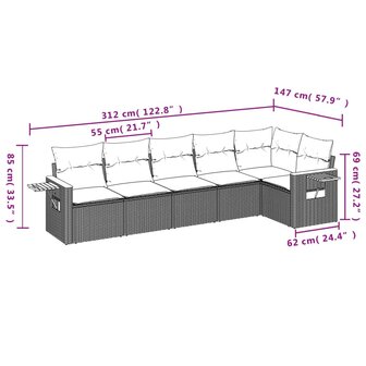 6-delige Loungeset met kussens poly rattan beige