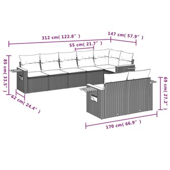 8-delige Loungeset met kussens poly rattan beige