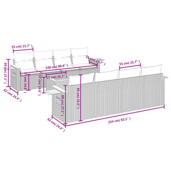 9-delige Loungeset met kussens poly rattan beige