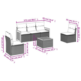 6-delige Loungeset met kussens poly rattan beige