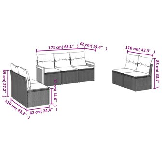 7-delige Loungeset met kussens poly rattan beige