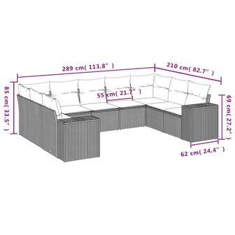 9-delige Loungeset met kussens poly rattan beige