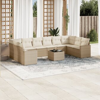 11-delige Tuinset met kussens poly rattan beige