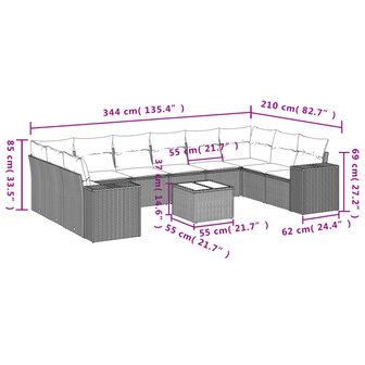11-delige Tuinset met kussens poly rattan beige