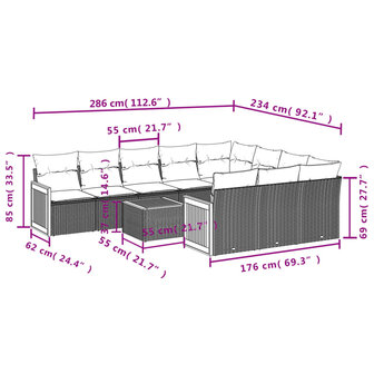 11-delige Tuinset met kussens poly rattan beige