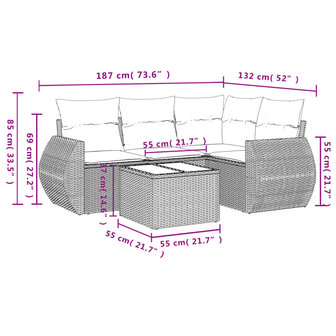 5-delige Loungeset met kussens poly rattan beige