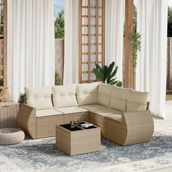 6-delige Loungeset met kussens poly rattan beige