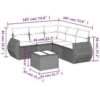 6-delige Loungeset met kussens poly rattan beige