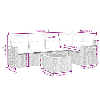 6-delige Loungeset met kussens poly rattan beige