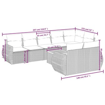 9-delige Loungeset met kussens poly rattan zwart