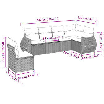 6-delige Loungeset met kussens poly rattan zwart