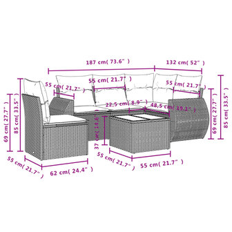 6-delige Loungeset met kussens poly rattan zwart