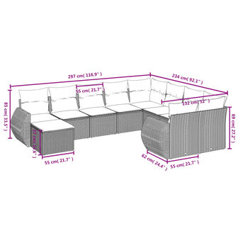 10-delige Loungeset met kussens poly rattan zwart