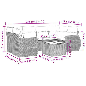 7-delige Loungeset met kussens poly rattan zwart