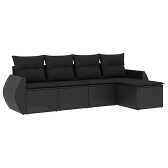 5-delige Loungeset met kussens poly rattan zwart