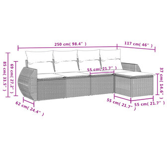 5-delige Loungeset met kussens poly rattan zwart