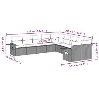 10-delige Loungeset met kussens poly rattan zwart