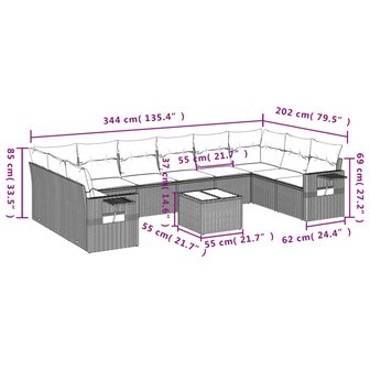11-delige Loungeset met kussens poly rattan zwart