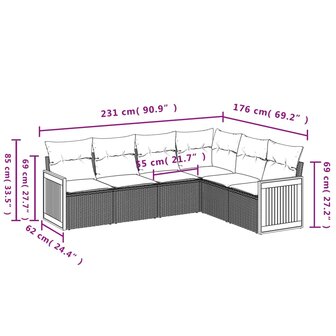 6-delige Loungeset met kussens poly rattan grijs