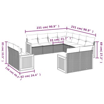 11-delige Loungeset met kussens poly rattan grijs