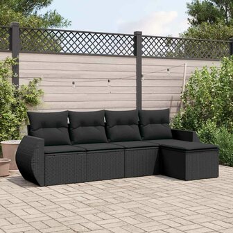 5-delige Loungeset met kussens poly rattan zwart