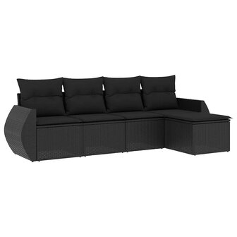 5-delige Loungeset met kussens poly rattan zwart