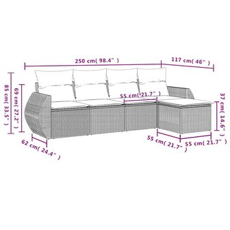 5-delige Loungeset met kussens poly rattan zwart
