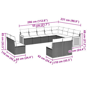 12-delige Loungeset met kussens poly rattan zwart