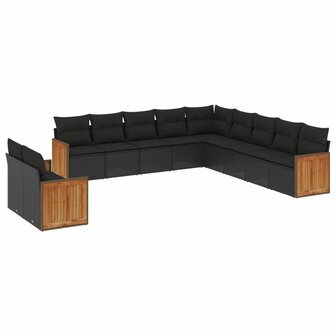 11-delige Loungeset met kussens poly rattan zwart