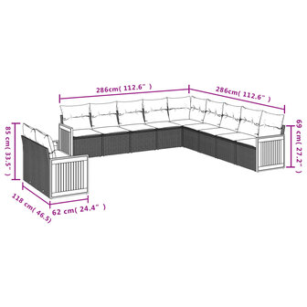 11-delige Loungeset met kussens poly rattan zwart