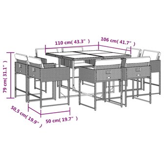 9-delige Tuinset met kussens poly rattan lichtgrijs